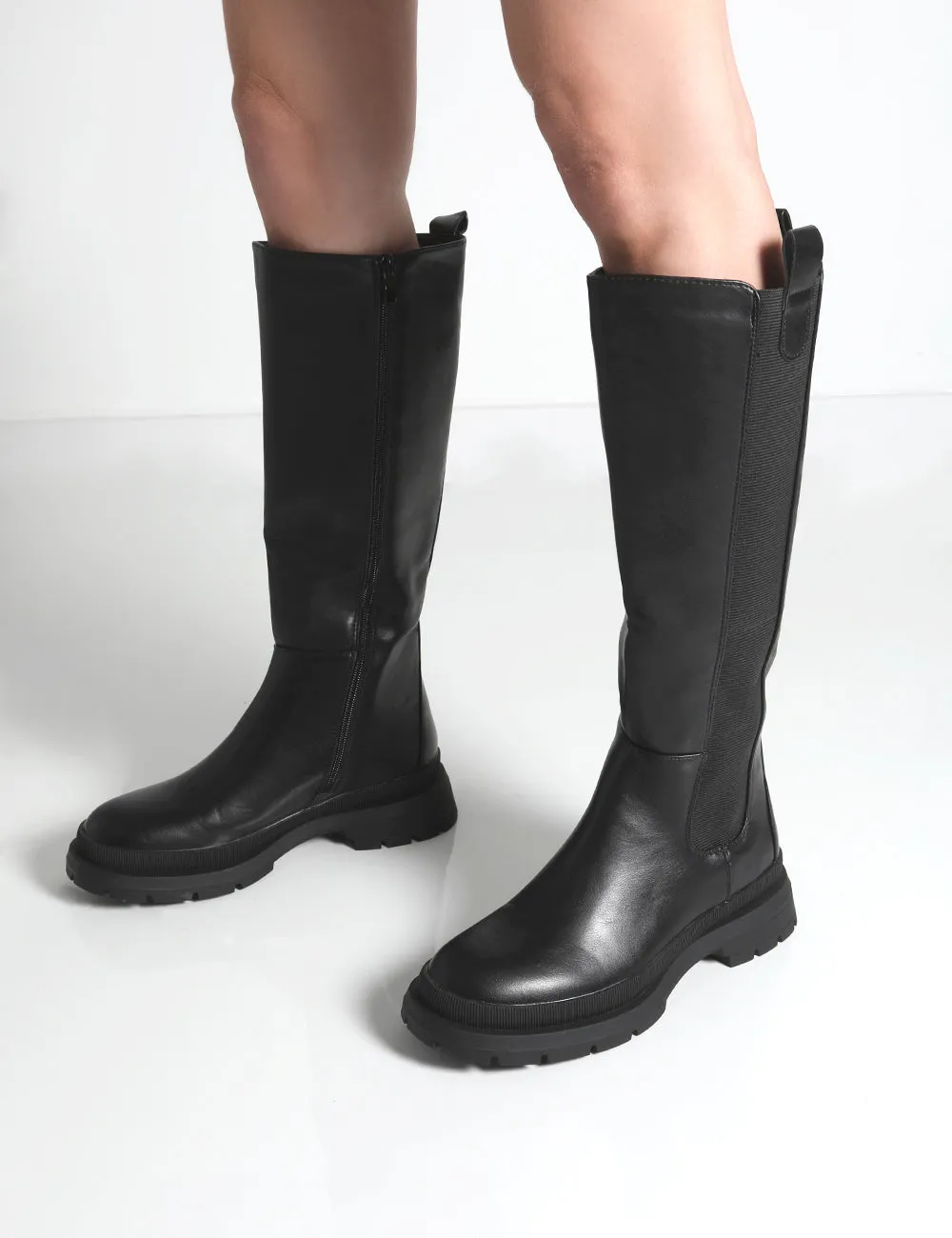 Balya Black Pu Pointed Toe Chunky Sole Knee High Boots