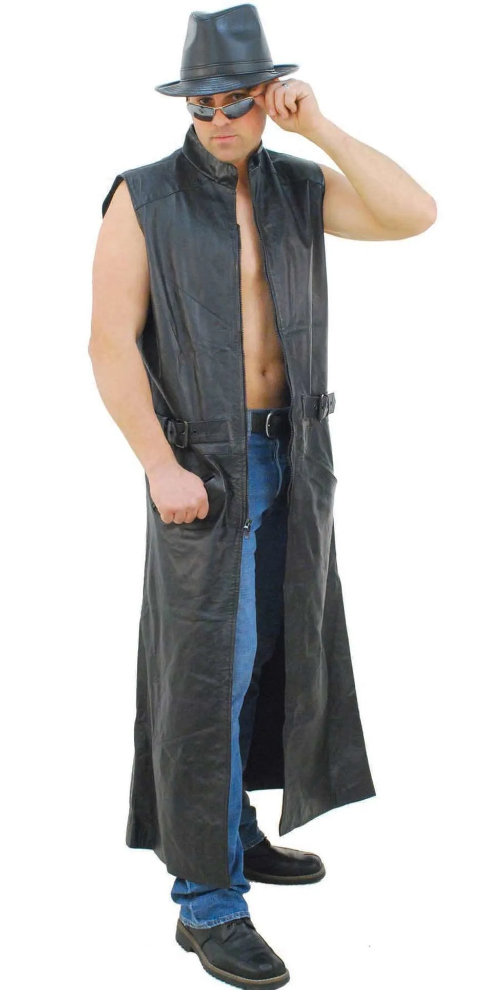 Extra Long Sleeveless Leather Trench Coat #M1008TK