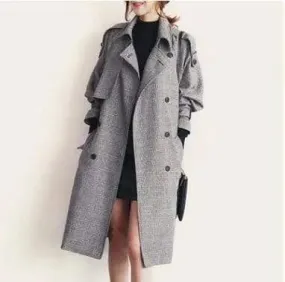 Large Size Trench Coat Double-breasted Plaid Woolen