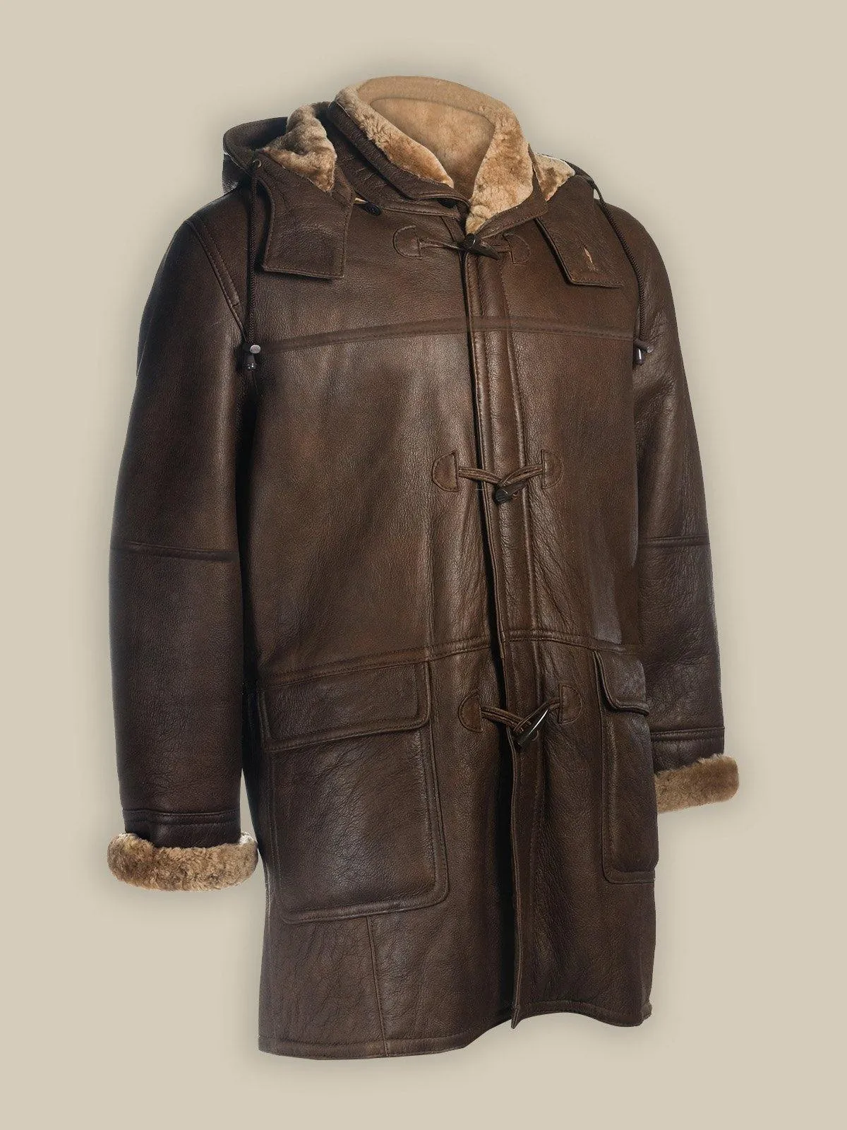 Men's Brown Shearling Leather Hoodie Coat