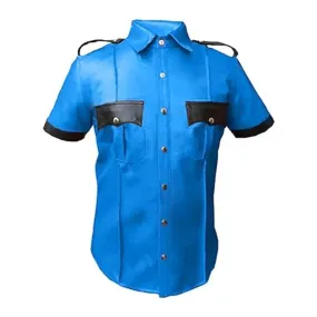 Mens Short Sleeve Blue Leather Shirt