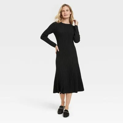 New - Women's Long Sleeve Midi Ribbed Sweater Dress - A New Day Black M