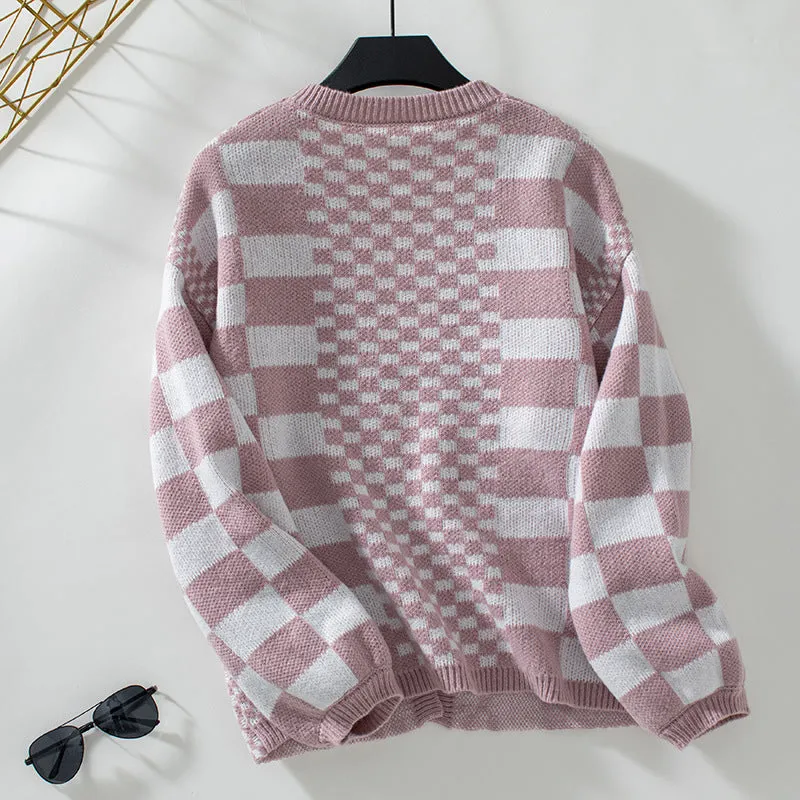 Pre Order: Loose V-Neck Plaid Knitted Cardigan