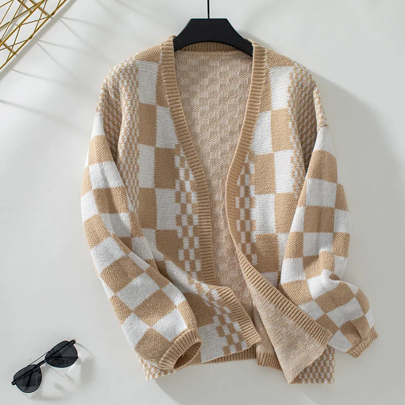 Pre Order: Loose V-Neck Plaid Knitted Cardigan