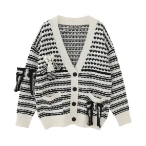 Pre Order:  White Knitted Stripes V-Neck Cardigan Sweater