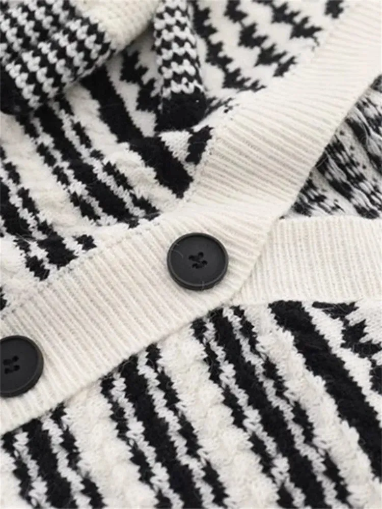 Pre Order:  White Knitted Stripes V-Neck Cardigan Sweater