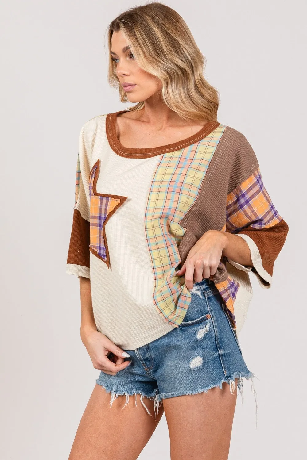 SAGE   FIG Round Neck Plaid Star Patch T-Shirt