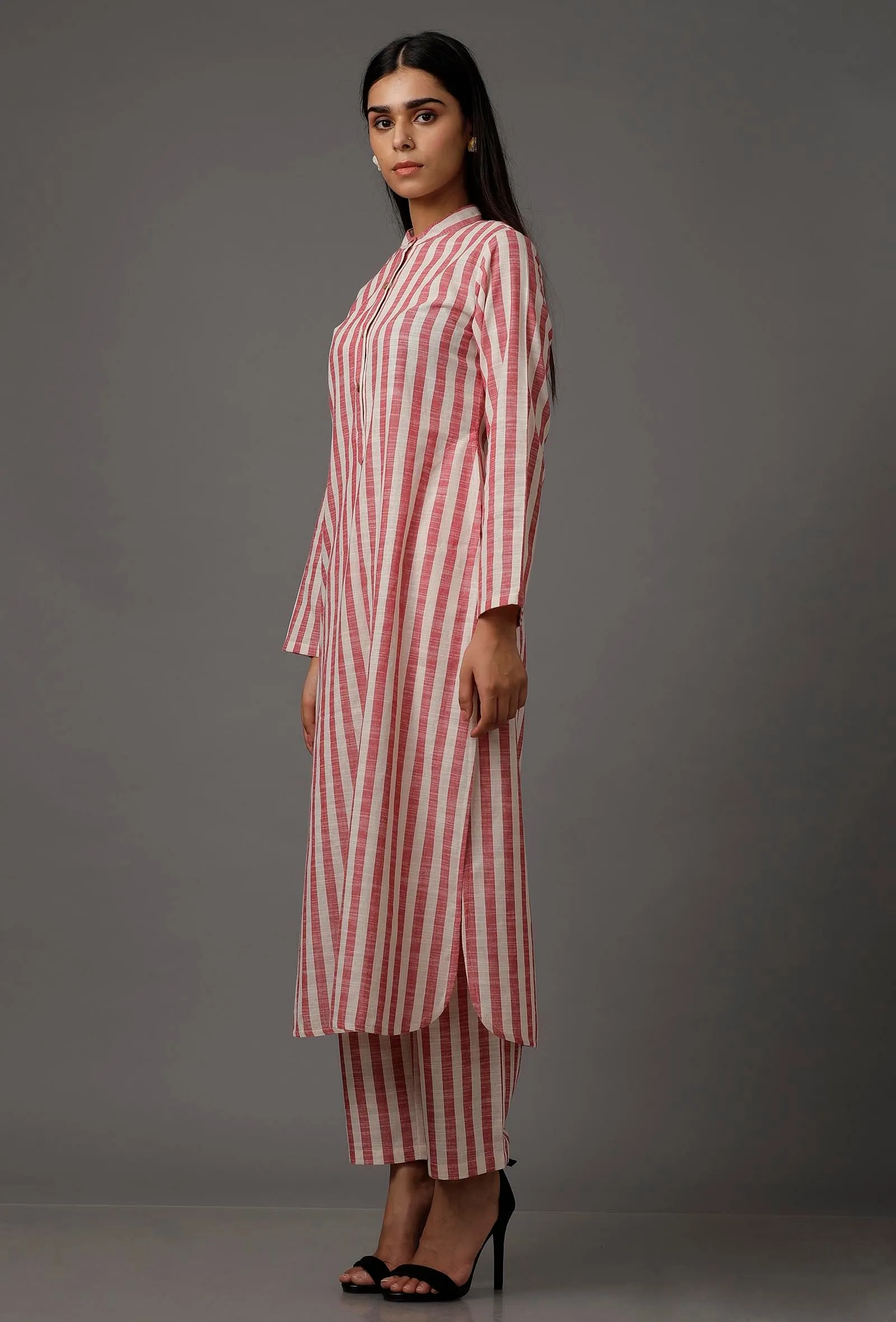 Set of 2: Red and White Stripes Pure Woven Cotton Kurta and Pants