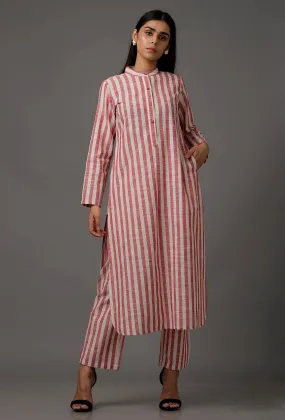 Set of 2: Red and White Stripes Pure Woven Cotton Kurta and Pants