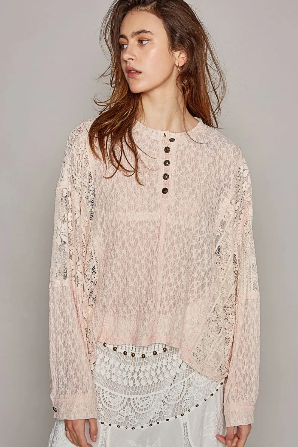 TEEK - Blush Round Neck Long Sleeve Raw Edge Lace Top