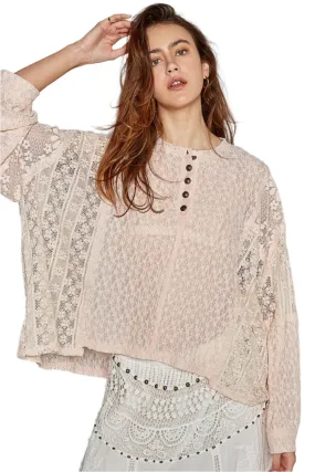 TEEK - Blush Round Neck Long Sleeve Raw Edge Lace Top